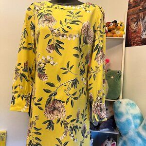 Loft Women's Yellow Floral Boatneck Long Sleeved Dress Size Petite 4